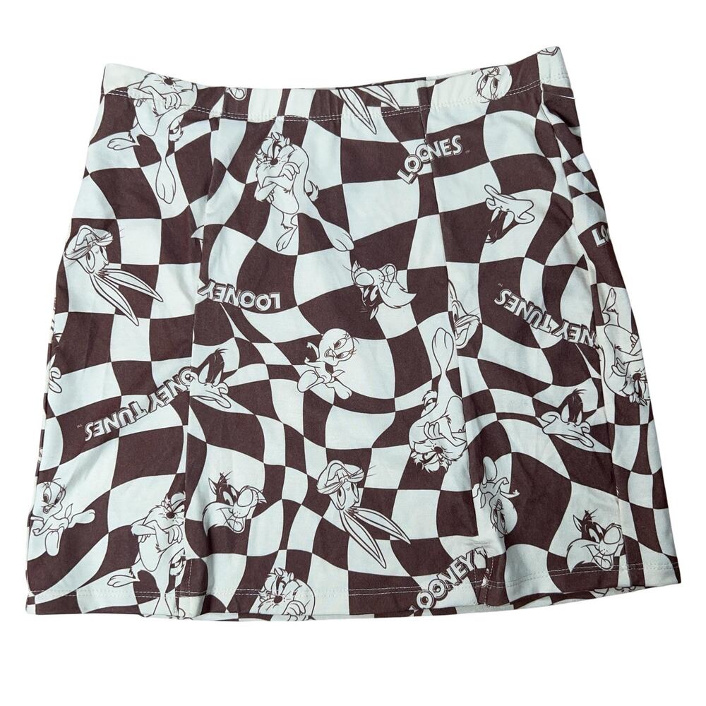 Looney Tunes Skirt Womens S Brown Check Straight Pencil Jersey Stretch